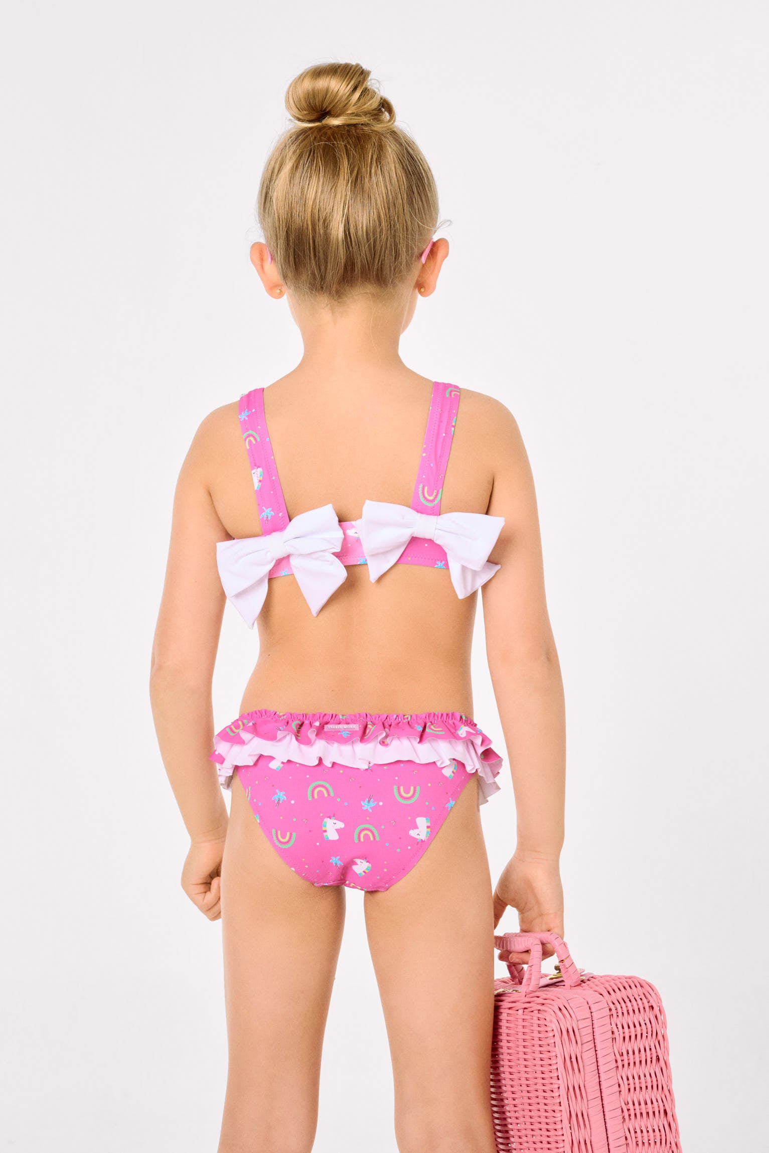 Girls' bikini with ruffle and bow details, unicorn print