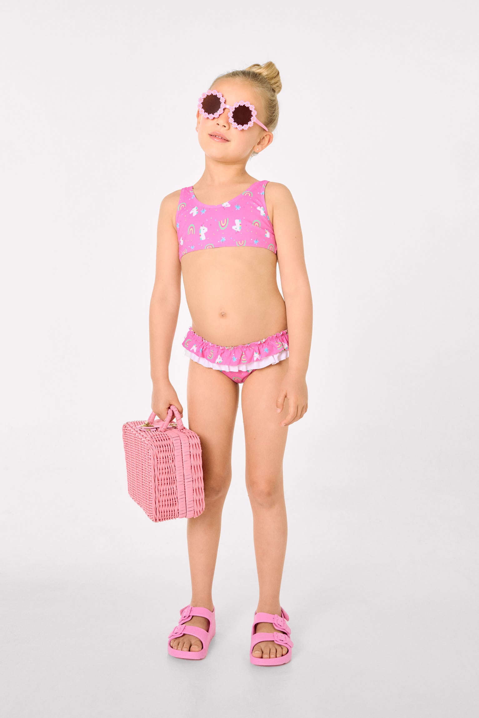 Girls' bikini with ruffle and bow details, unicorn print