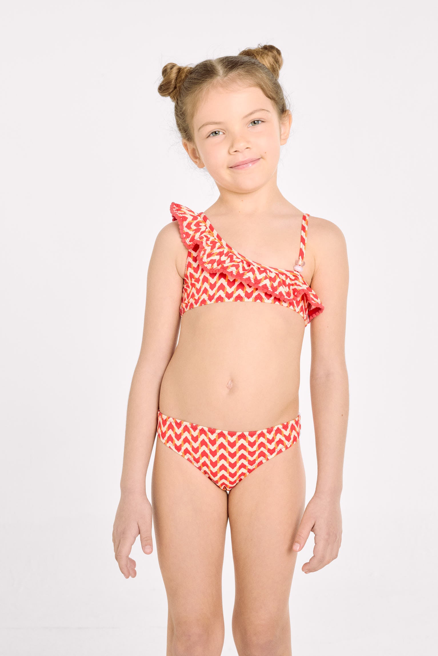 Asymmetrical bikini for girls with ethnic print ruffle detail