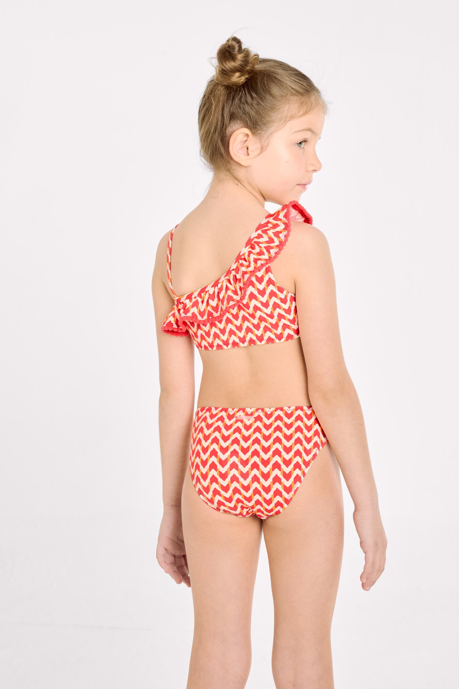 Asymmetrical bikini for girls with ethnic print ruffle detail