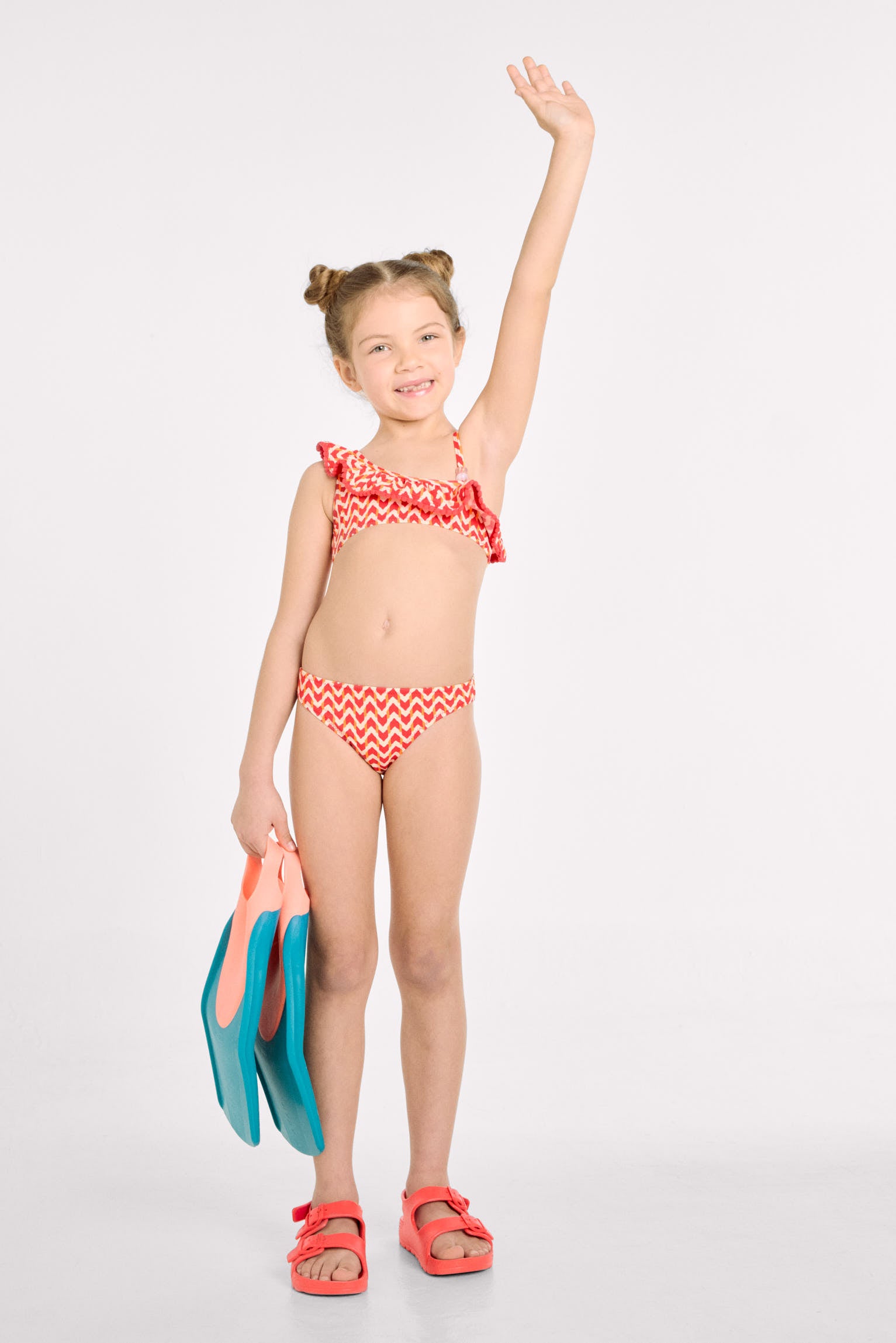 Asymmetrical bikini for girls with ethnic print ruffle detail