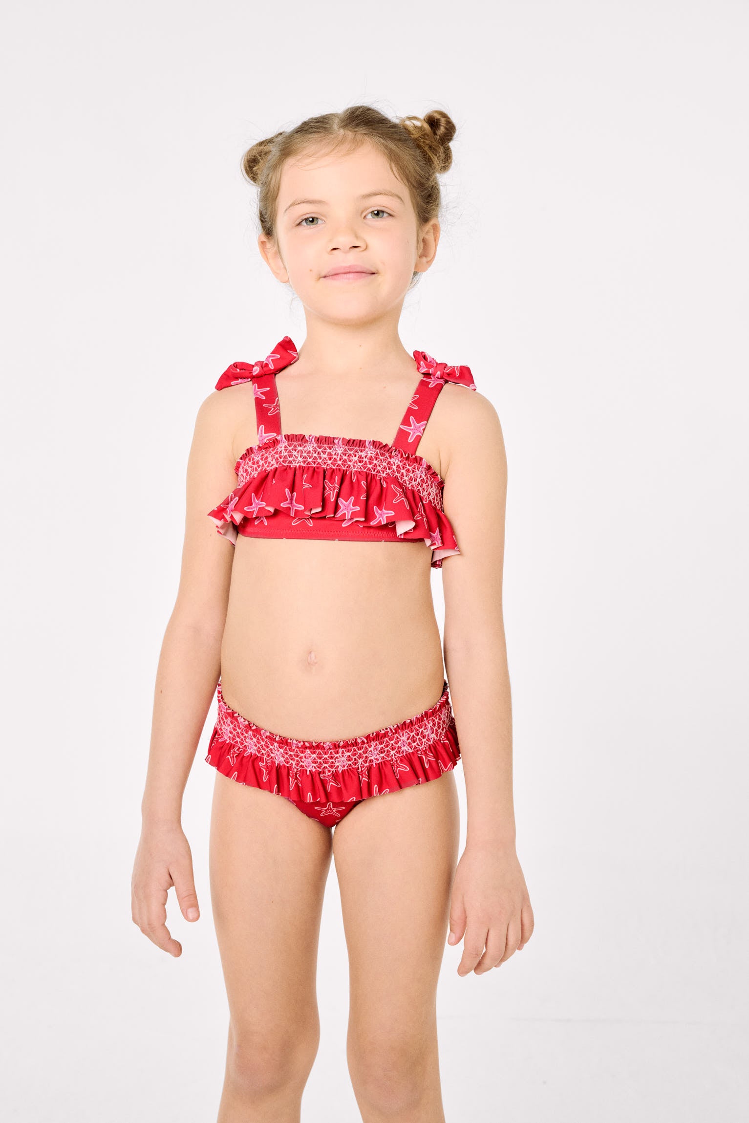 Girls' bikini with ruffle details and honeycomb pattern with starfish