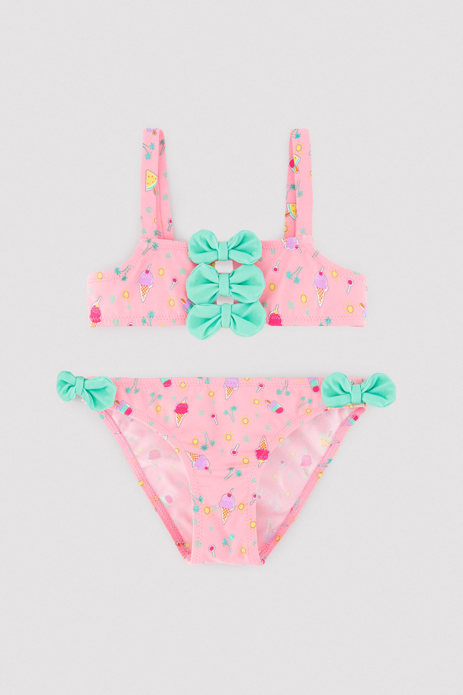 Girls' bikini with bow details and an ice cream summer print