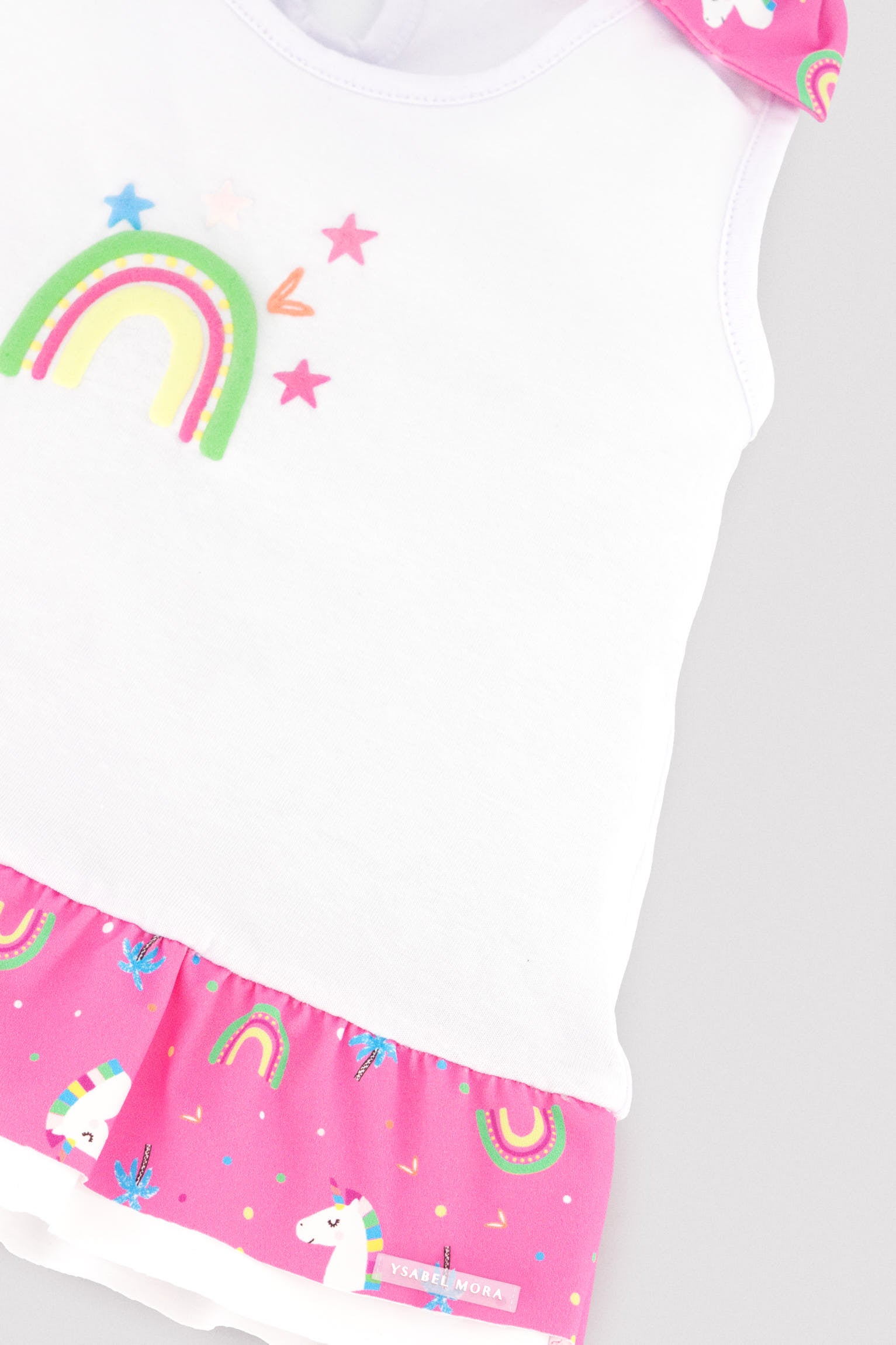 Baby set: t-shirt and bloomers with ruffle and bow details, unicorn print