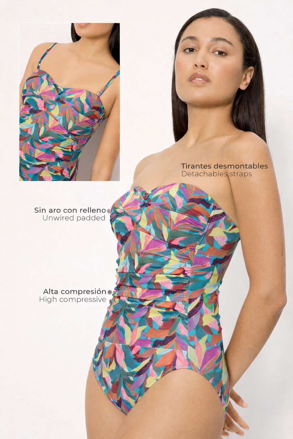 High compression bandeau slimming swimsuit with leaves, B cup