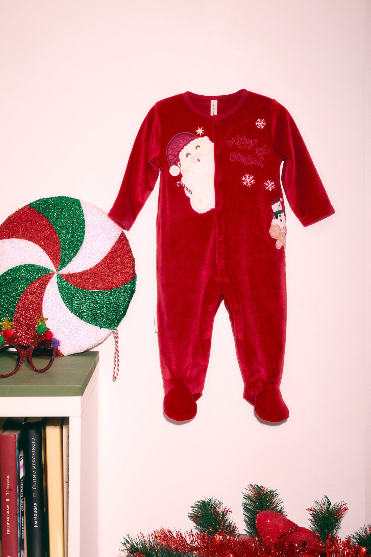 Baby long-sleeve sleepsuit with embroidered Father Christmas detail and Christmas print