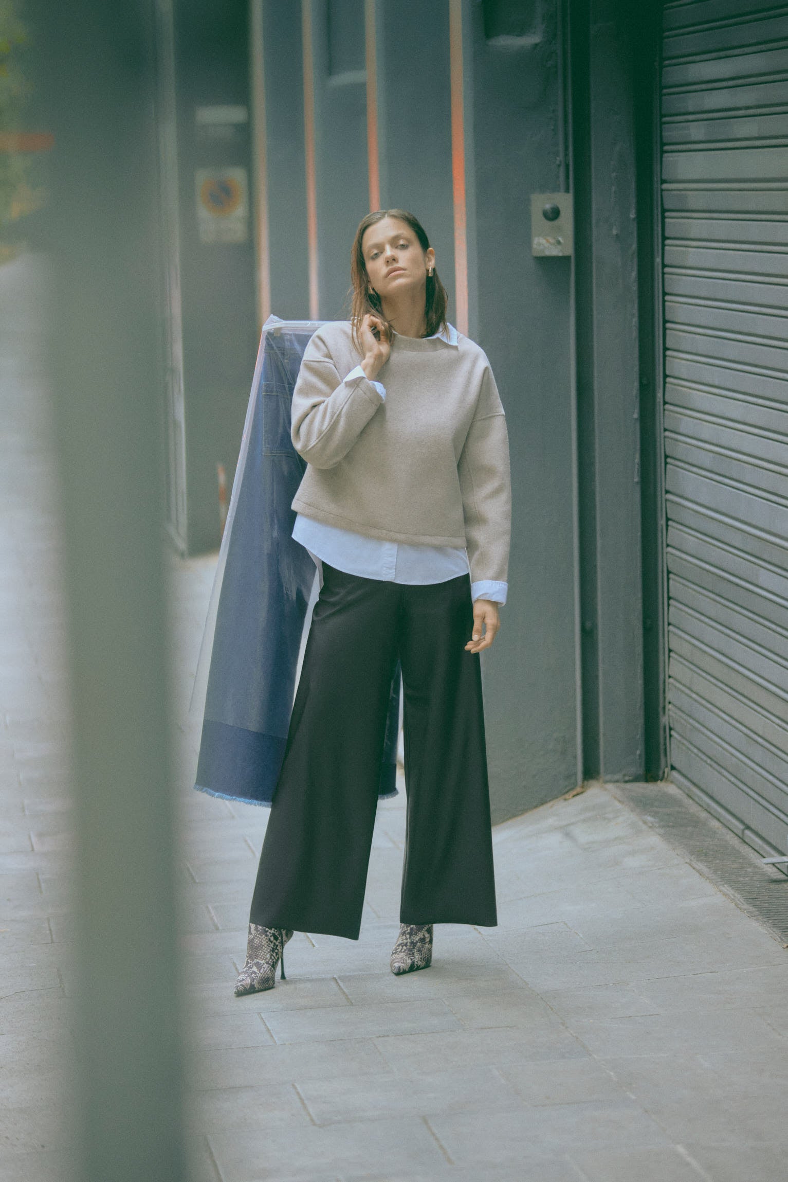 Wide black leather-effect trousers