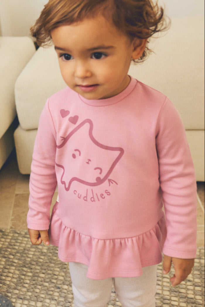 Baby sweatshirt and trousers set with ruffle and kitten design