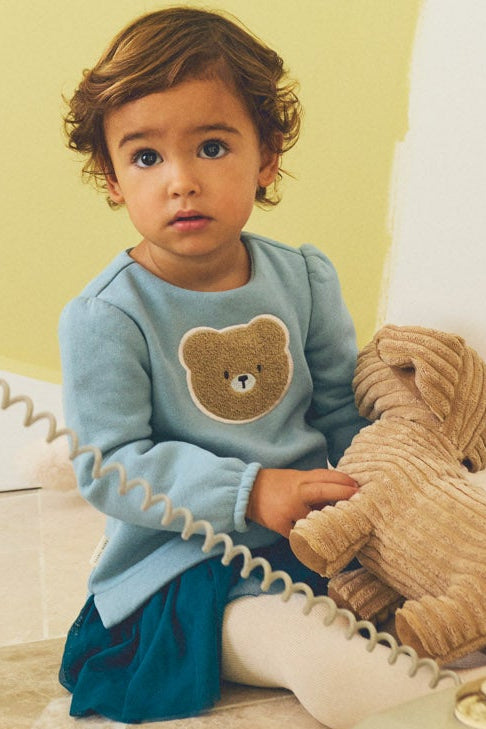 Baby long-sleeve dress with textured bear detail