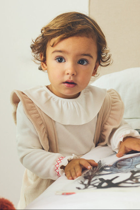 Baby corduroy skirt and long-sleeve ruffle-collar top set