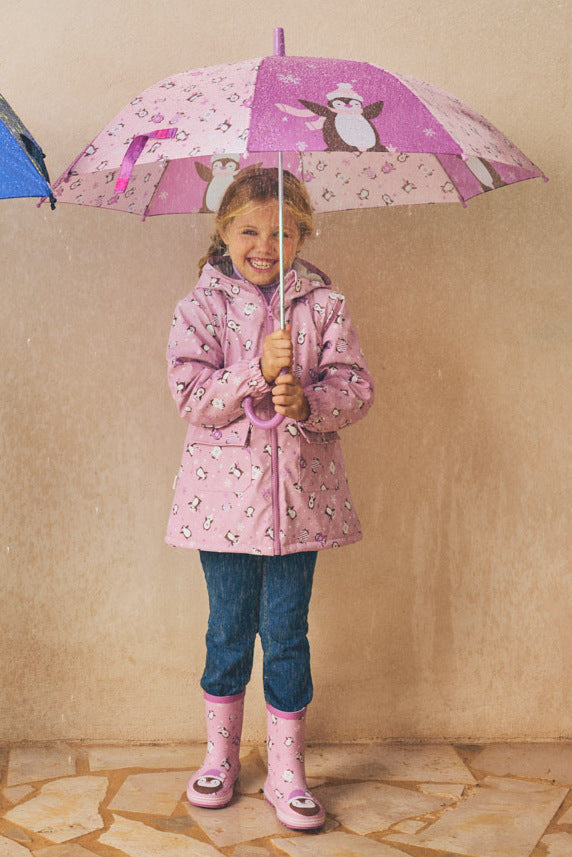 PRE-ORDER Girls' penguin-print raincoat with fleece lining