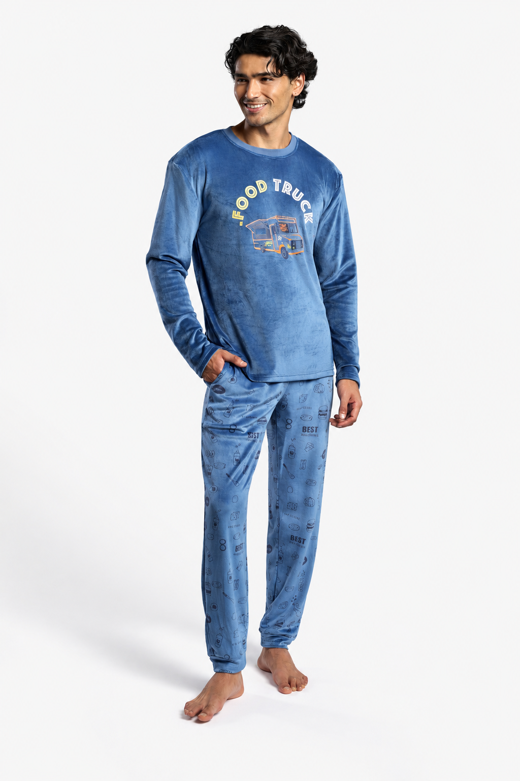 Men's long velvet Food Truck printed pyjamas