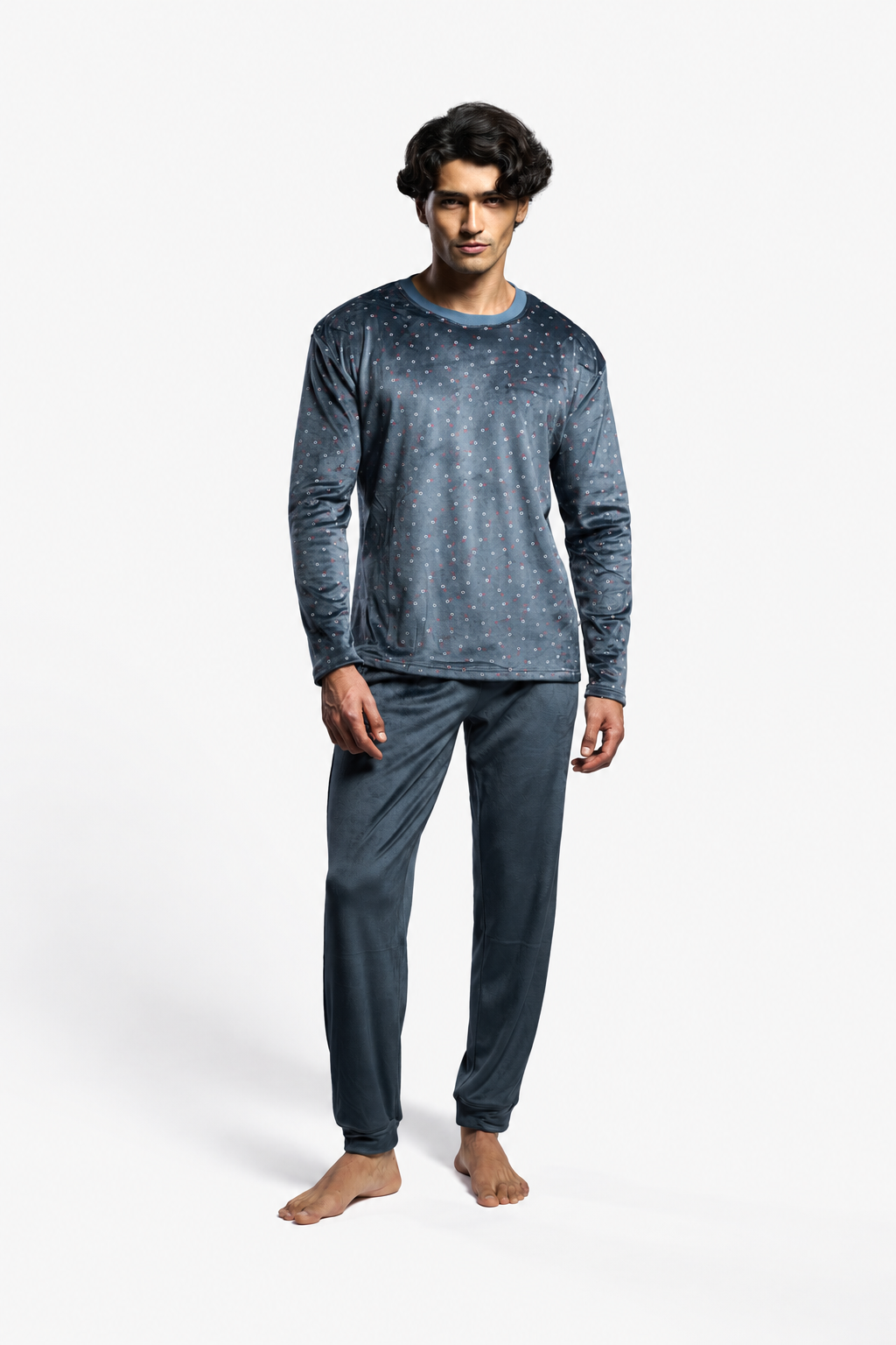 Men's long velvet square-print pyjamas