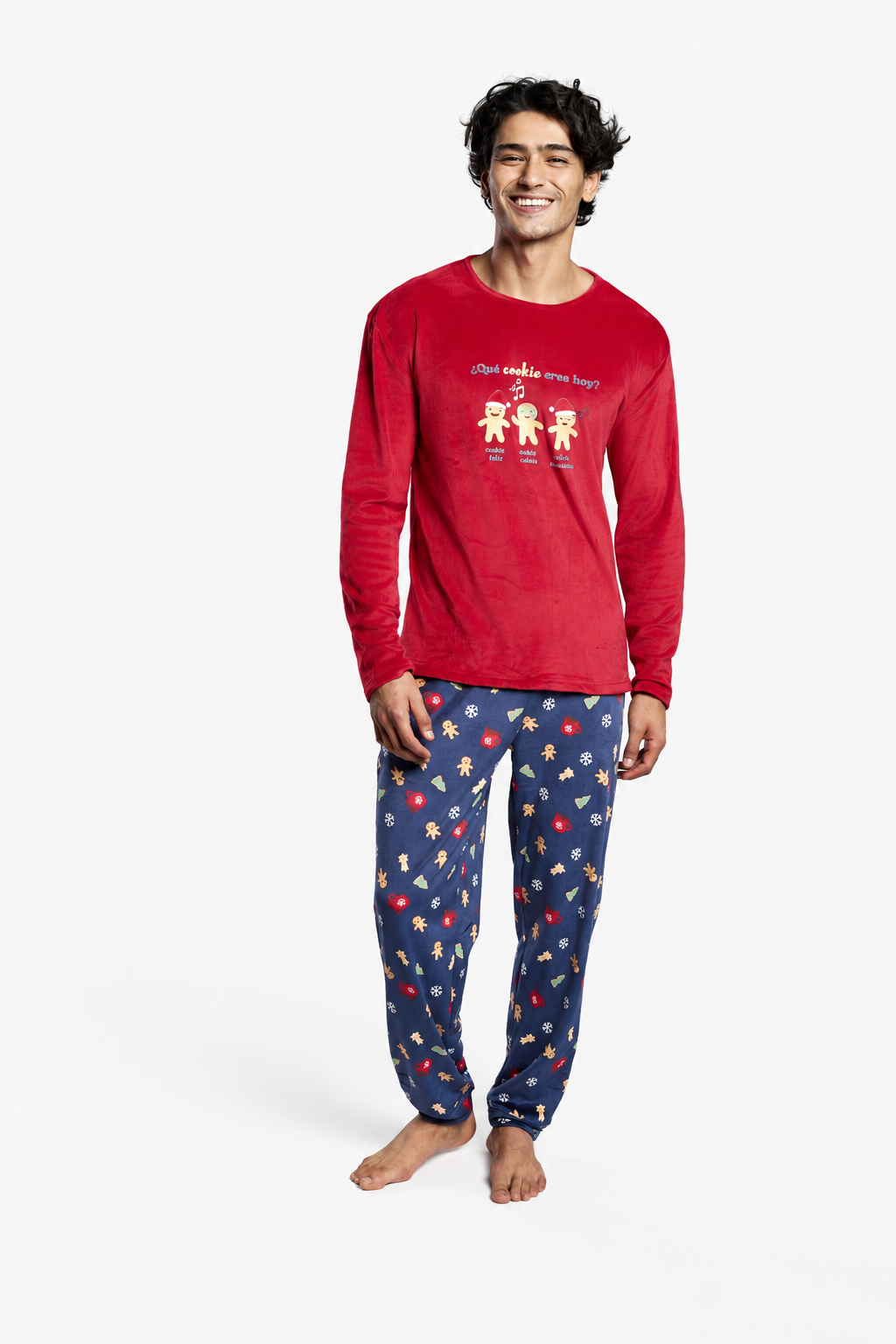 Men's long velvet Christmas gingerbread-print pyjamas