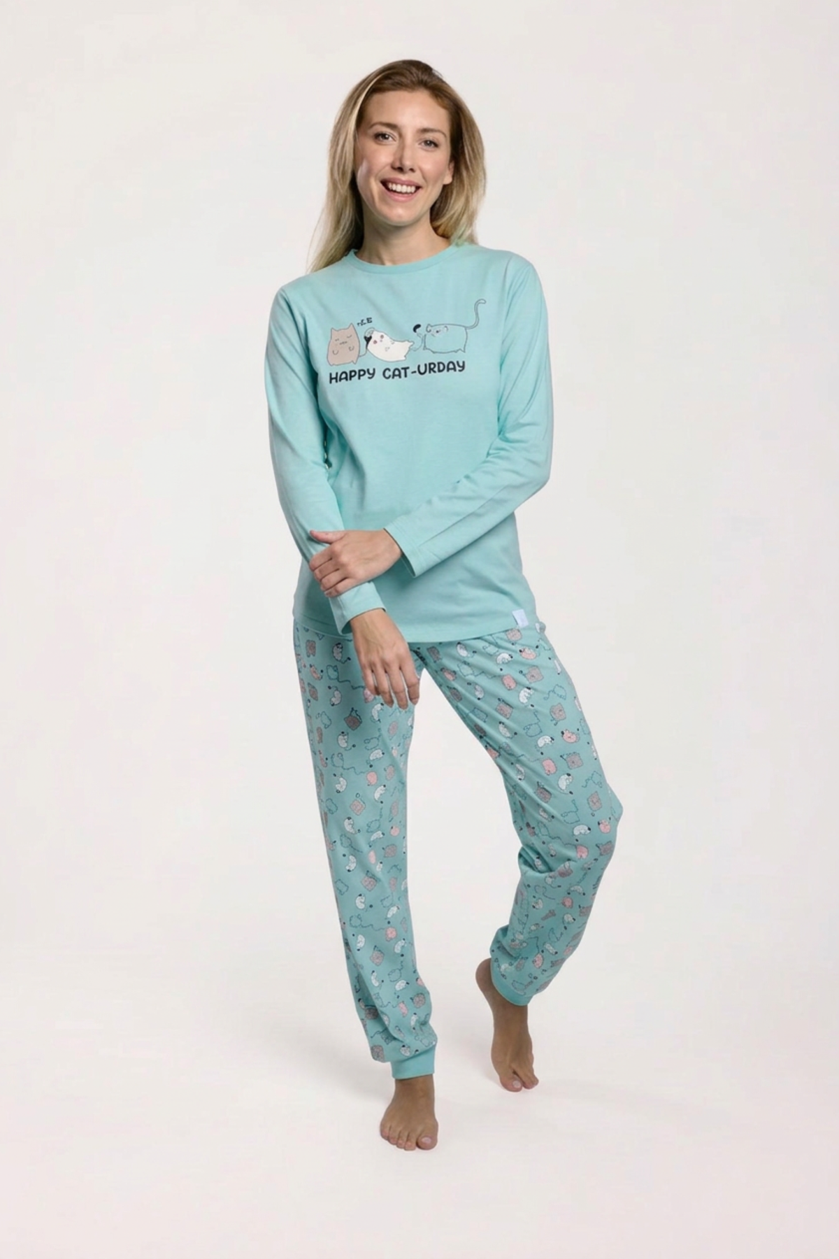 Women's long blue cotton cat-print pyjamas