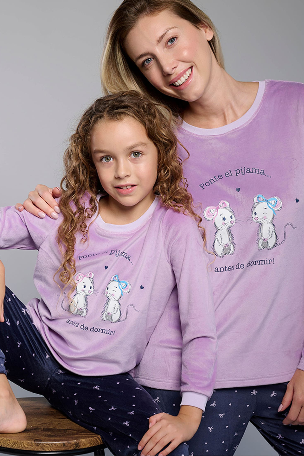 Girls' long velvet mouse-print pyjamas