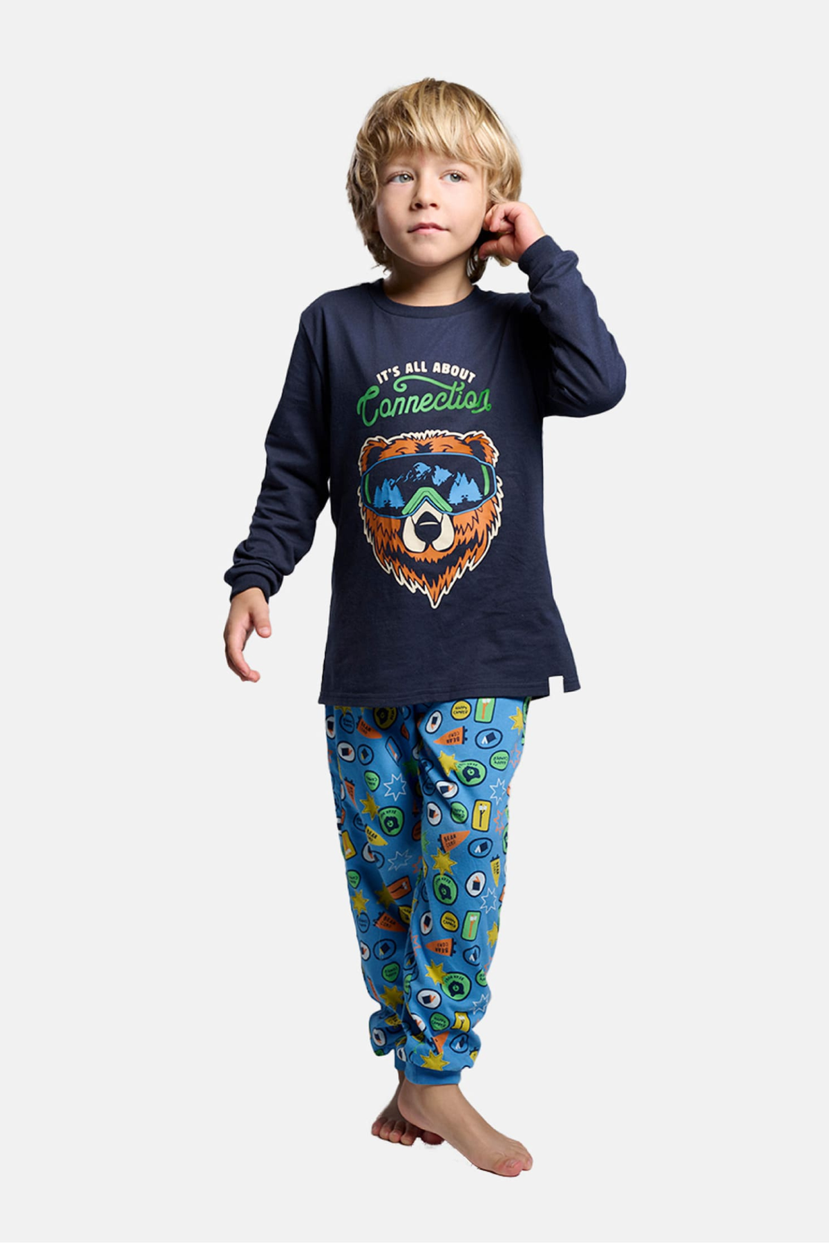 Boys' long cotton It's all about connection bear-print pyjamas