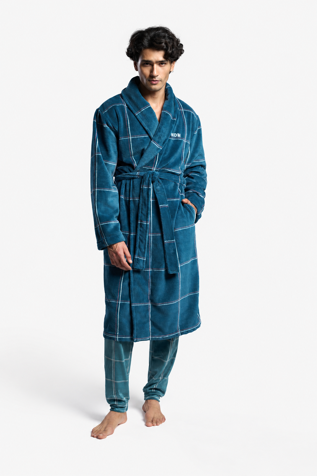Men's long checked coral fleece robe