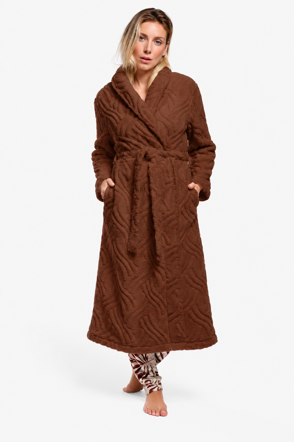 Women's long brown sherpa fleece robe