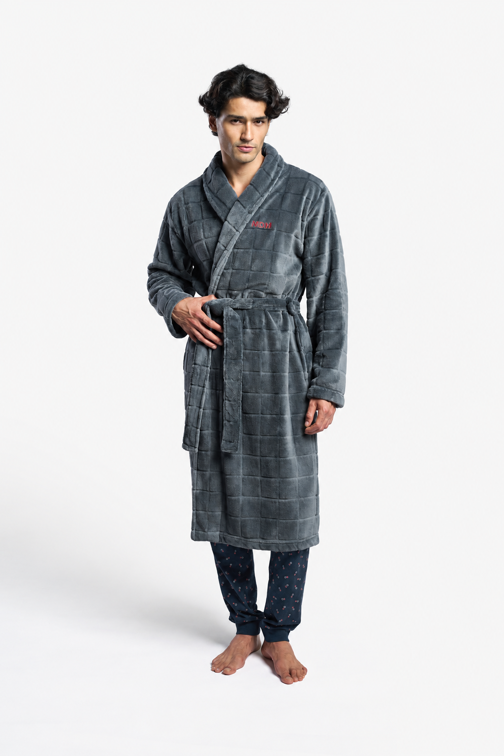 Men's long grey embossed-check coral fleece robe