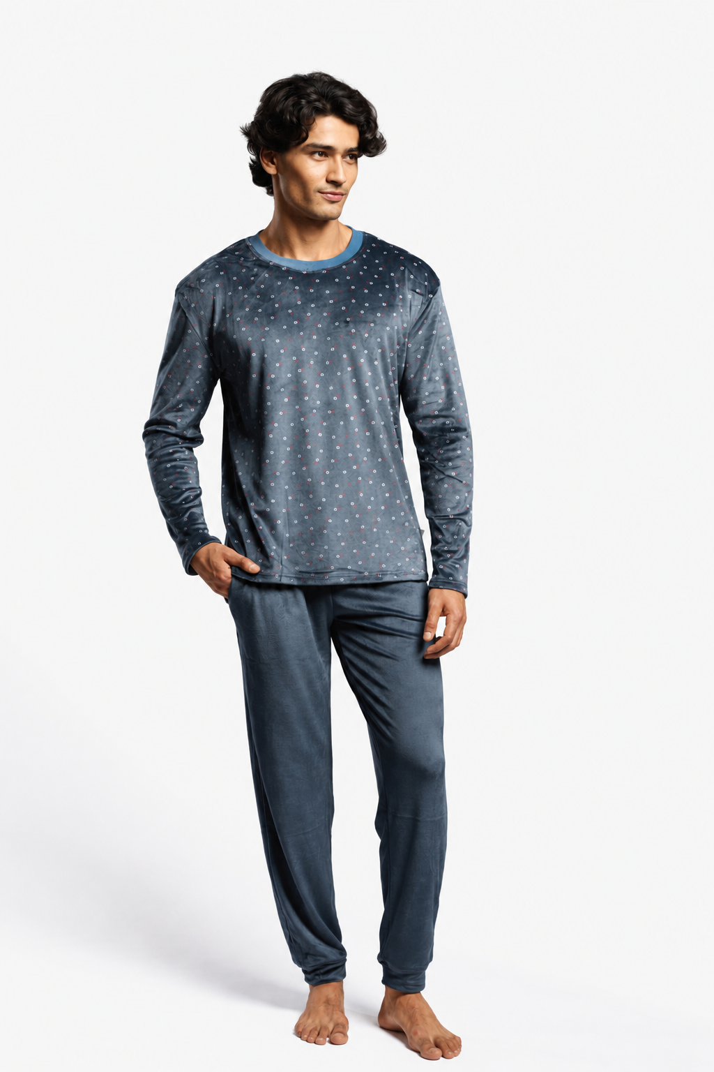 Men's long velvet square-print pyjamas