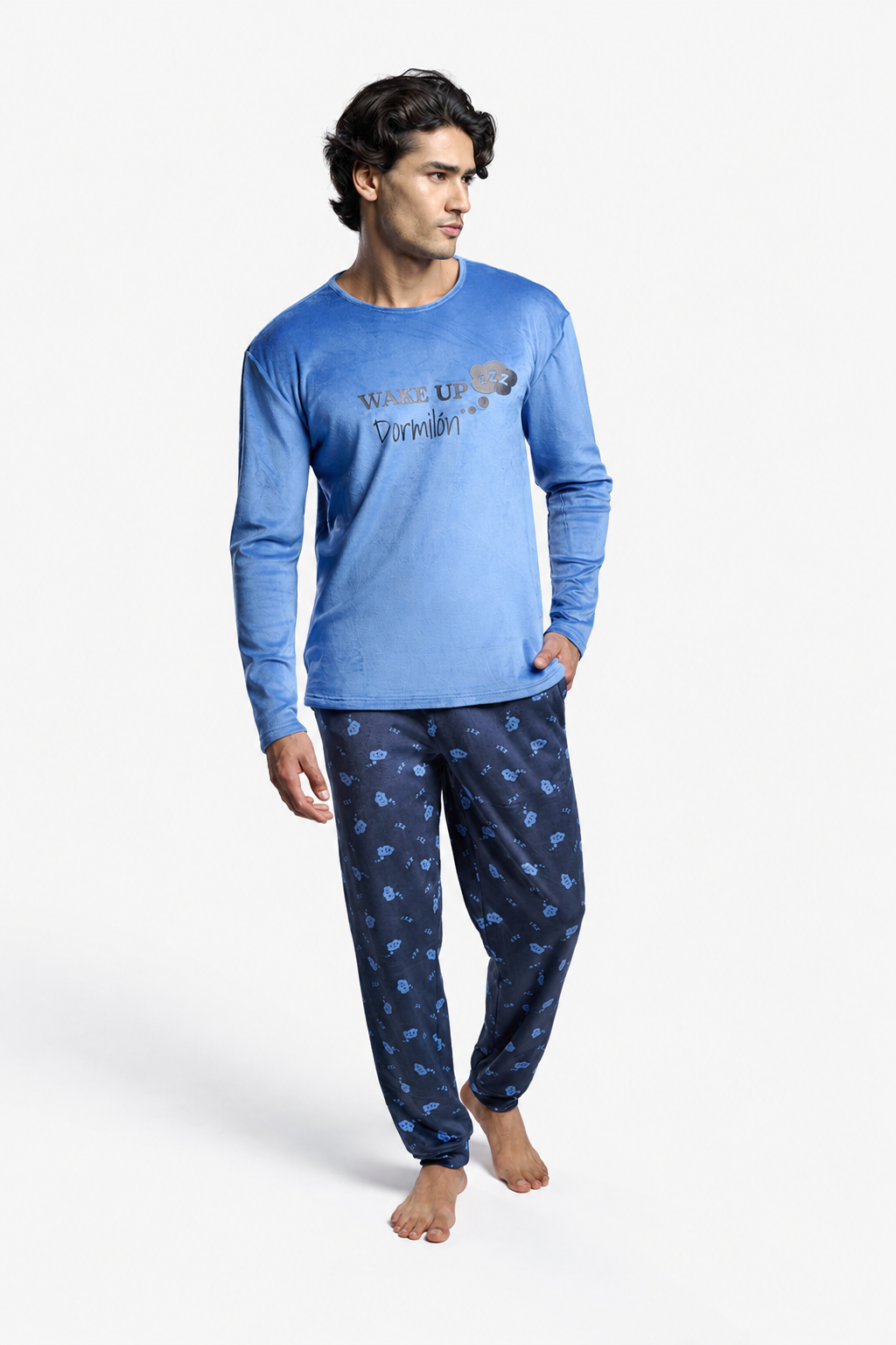 Men's long velvet Wake Up sleepyhead printed pyjamas