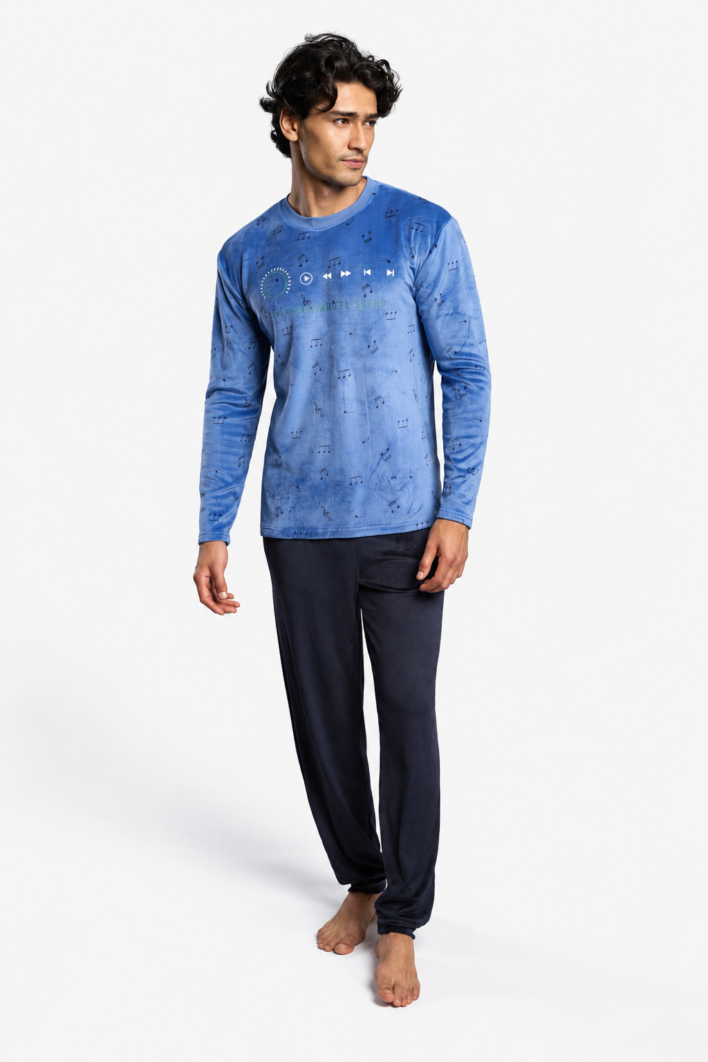 Men's long velvet musical-note print pyjamas