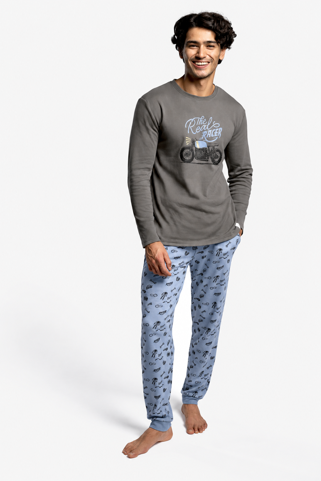 Men's long brushed The Real Racer biker-print pyjamas