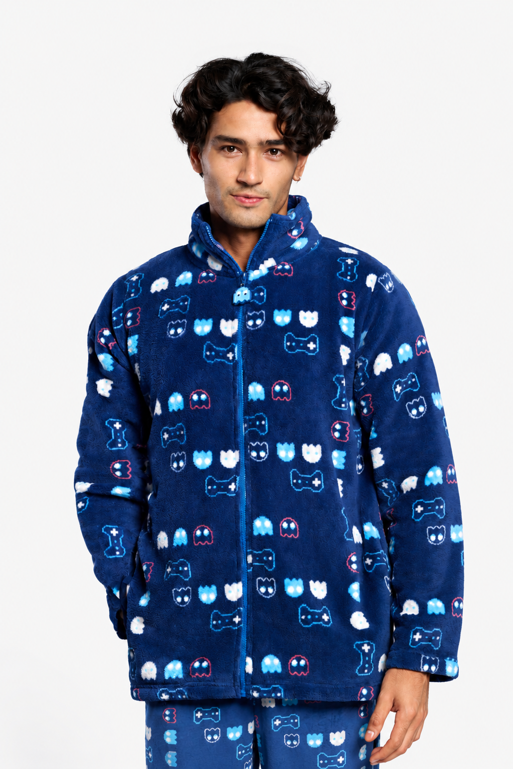 Men's short gamer-print coral fleece robe