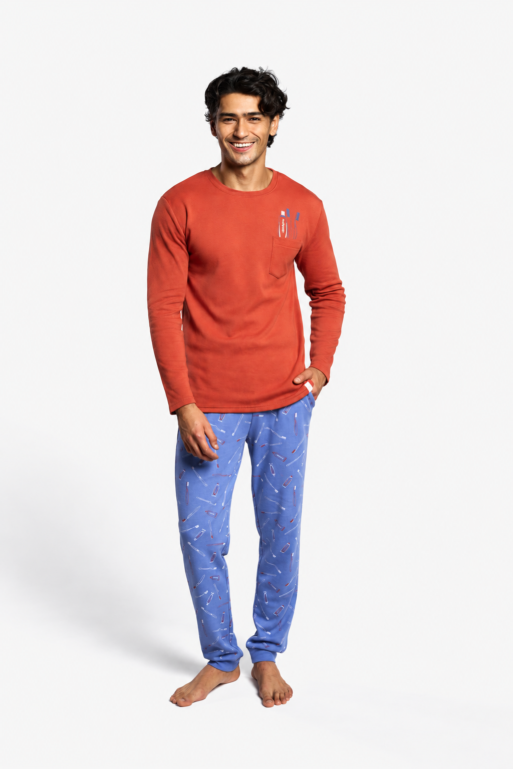 Men's long brushed cutlery-print pyjamas