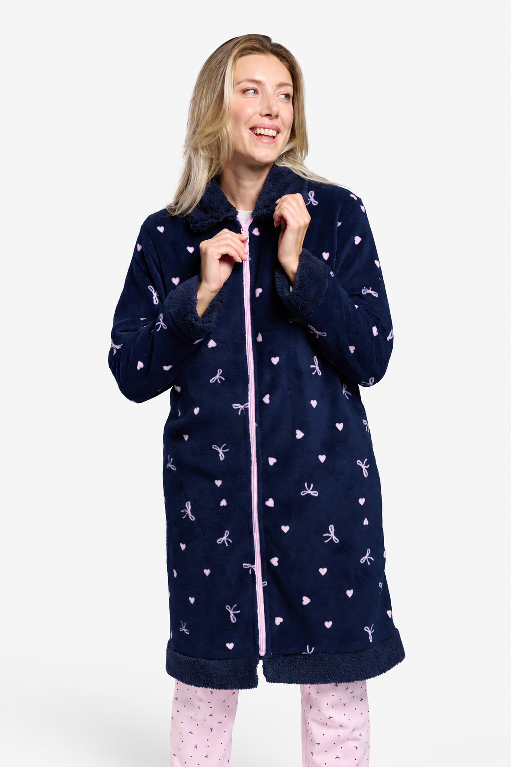 Women's long navy bow-print coral fleece robe