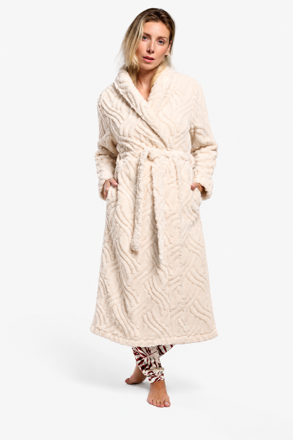 Women's long ivory textured white sherpa fleece robe