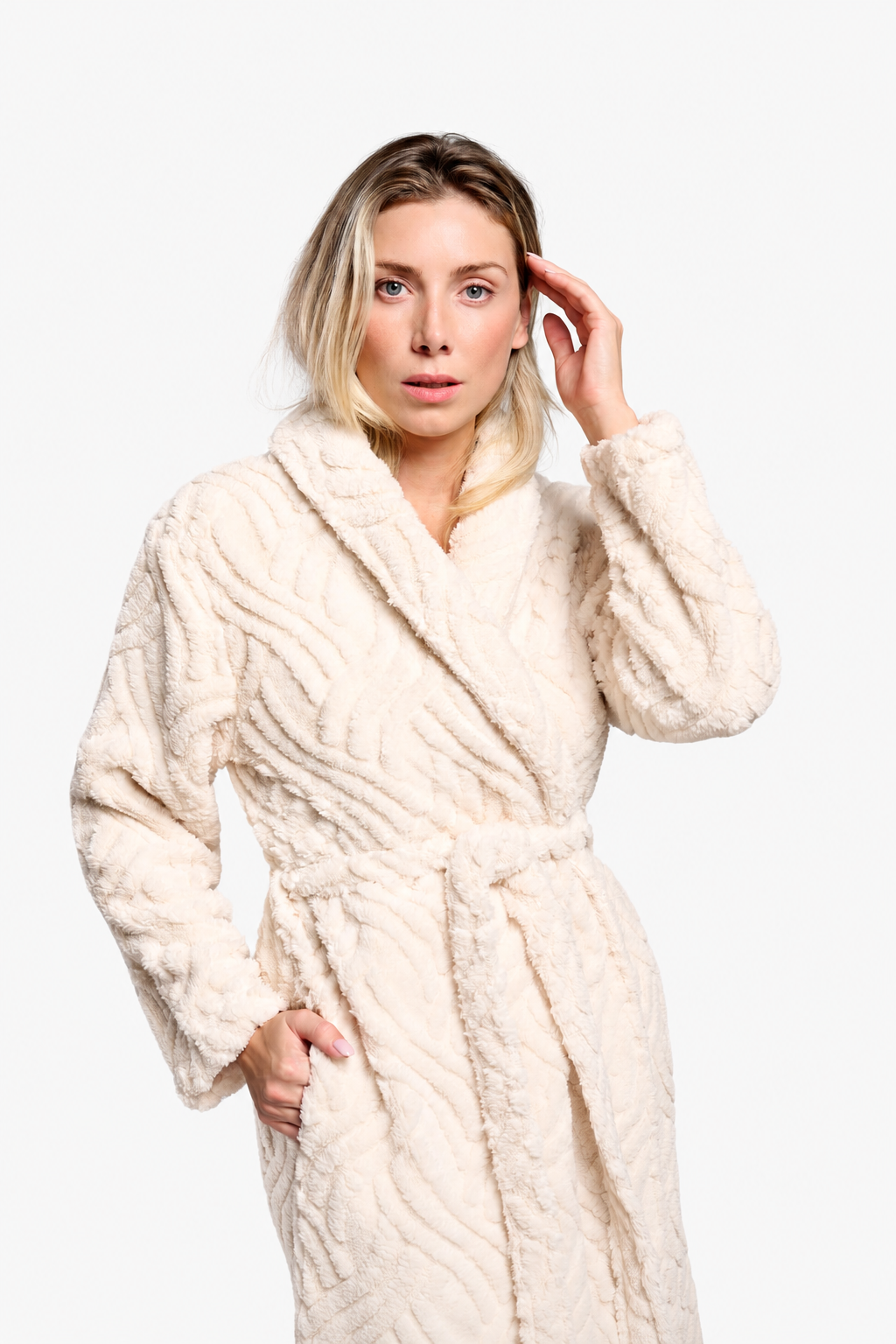 Women's long ivory textured white sherpa fleece robe