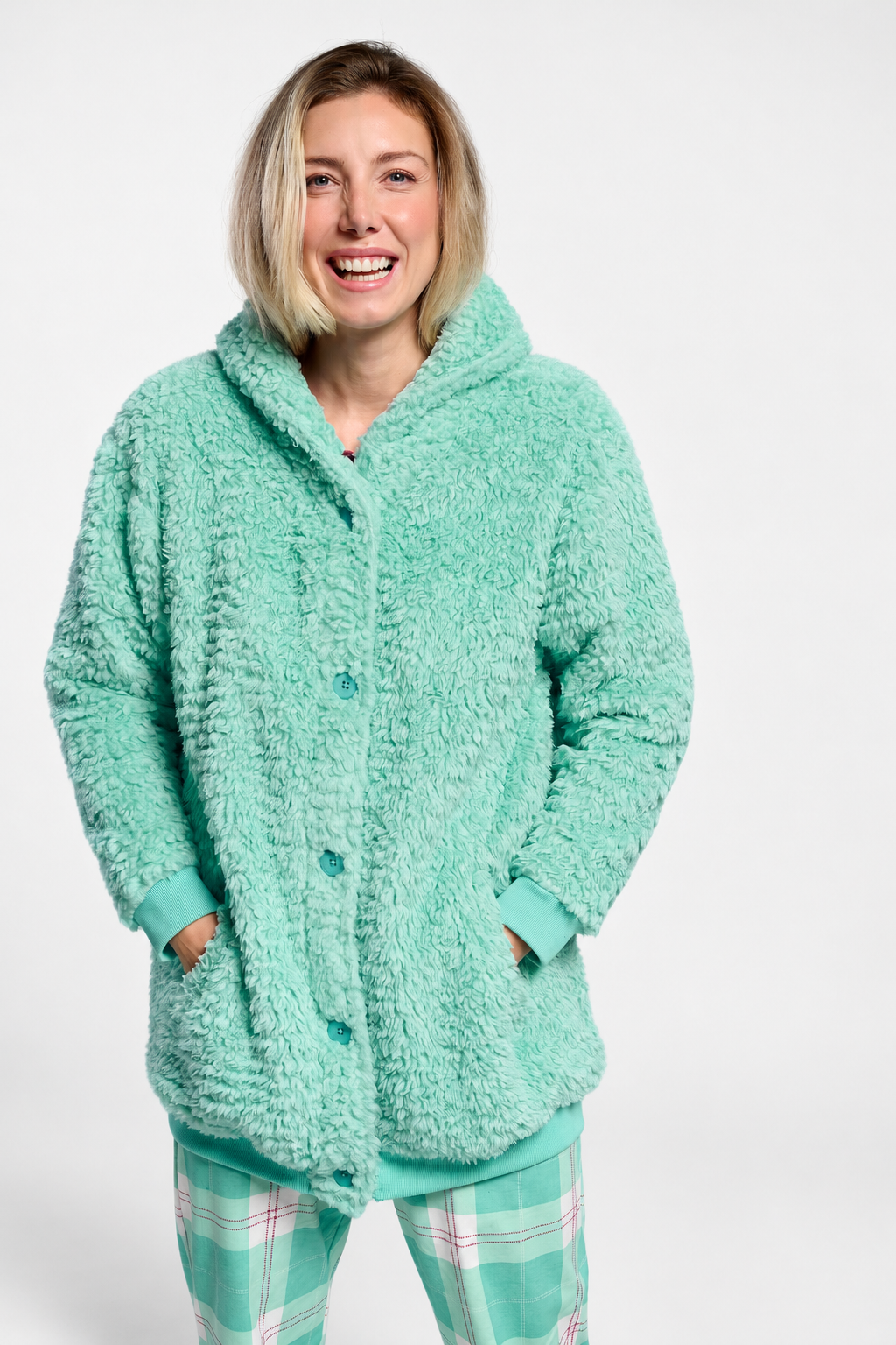 Women's short green sherpa fleece robe with buttons