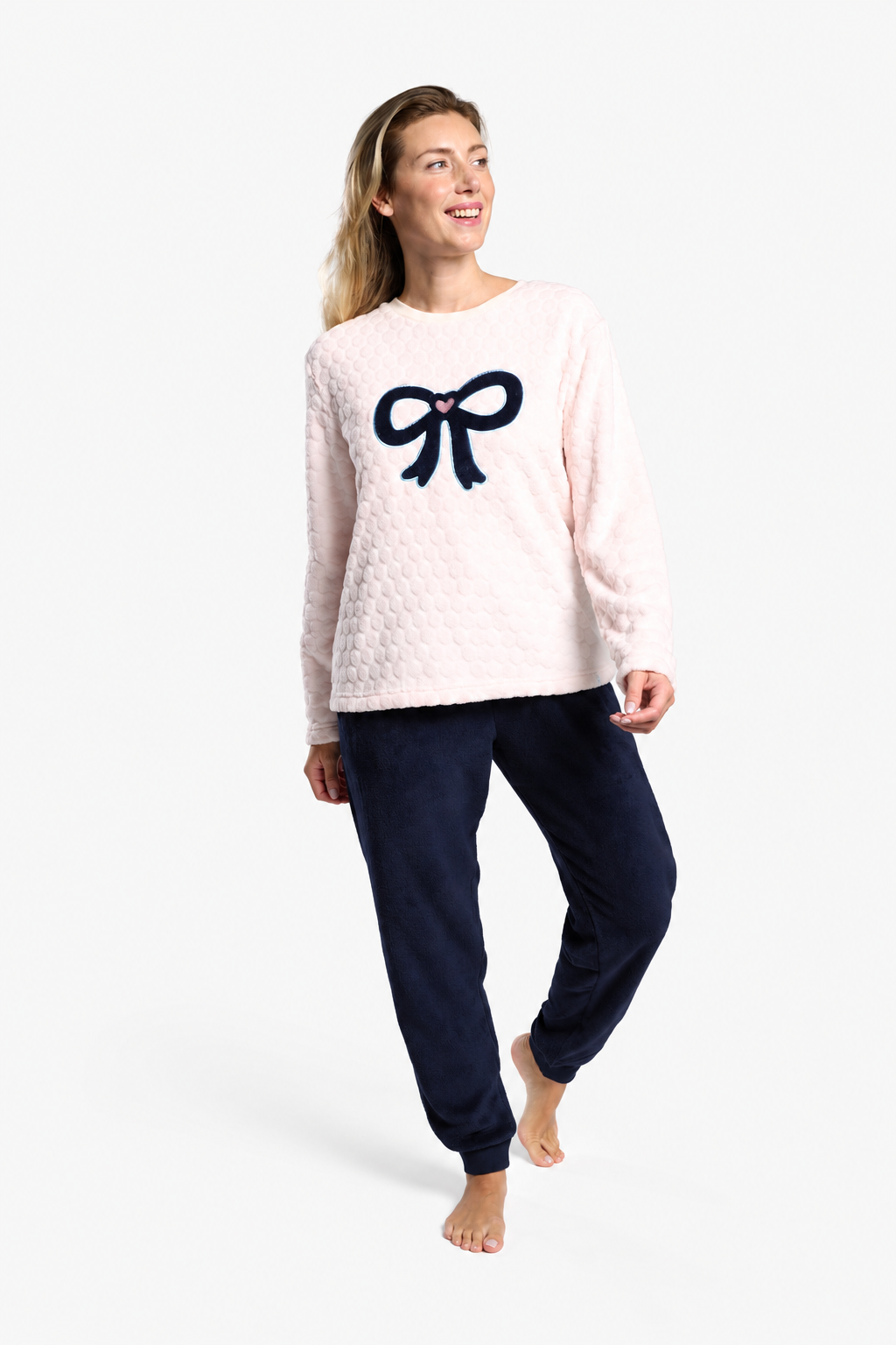 Women's long coral fleece bow-detail pyjamas