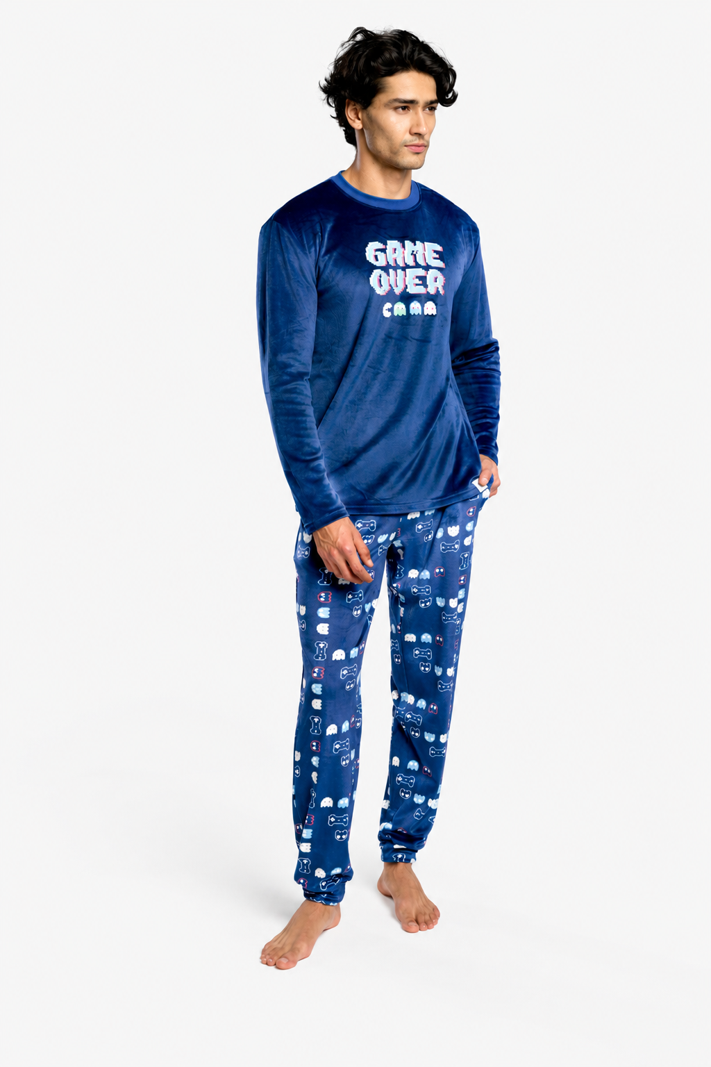 Men's long velvet Game Over printed pyjamas