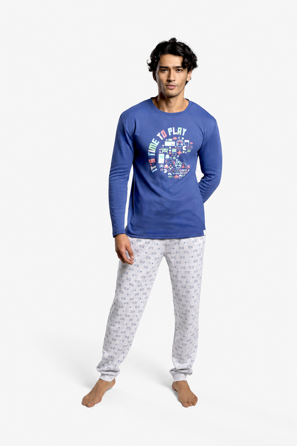 Men's long brushed gamer-print pyjamas