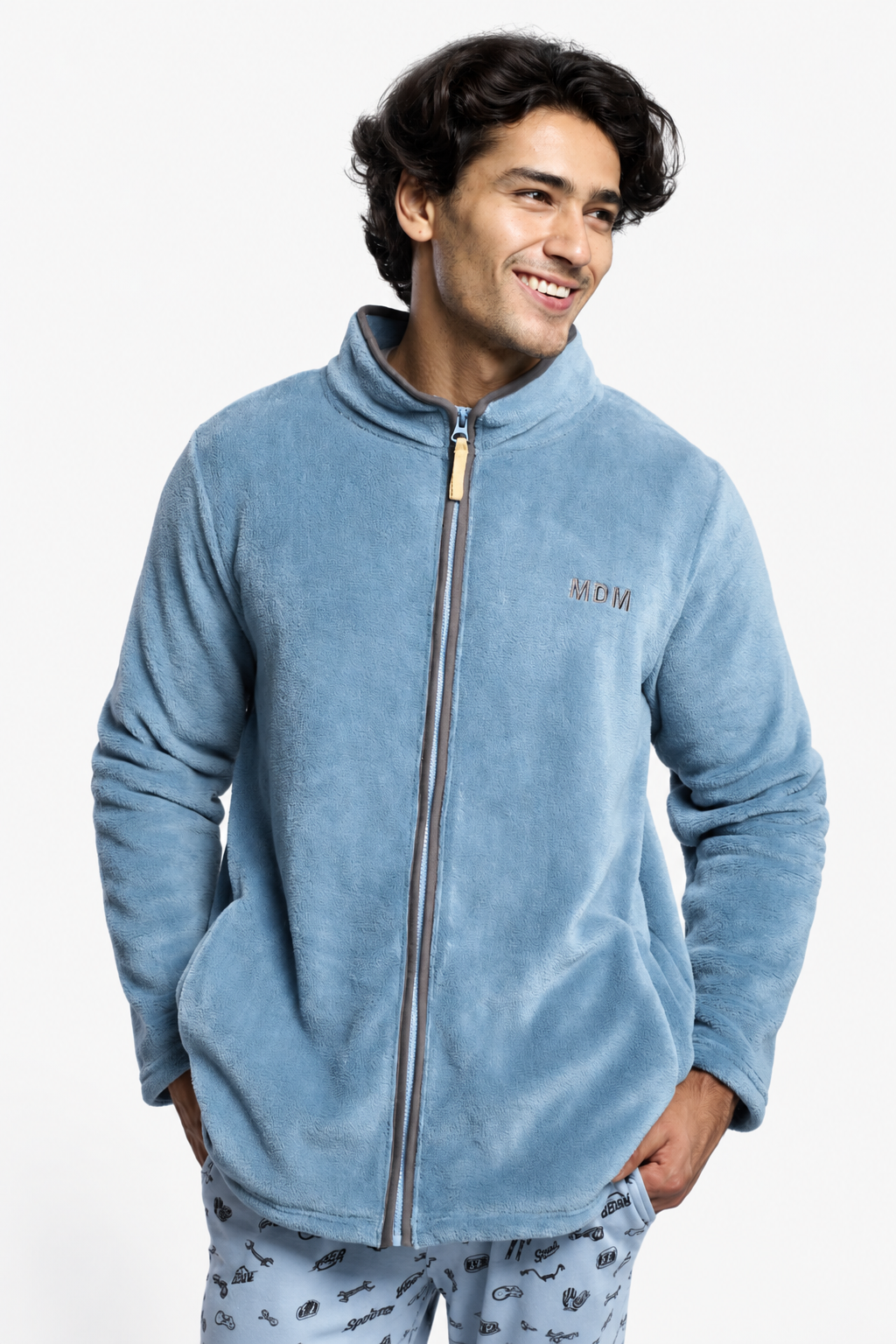 Men's short blue coral fleece robe with zip