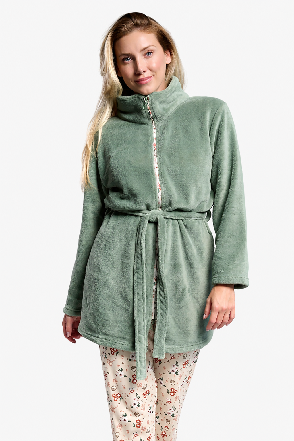 Women's short green coral fleece robe with zip and belt
