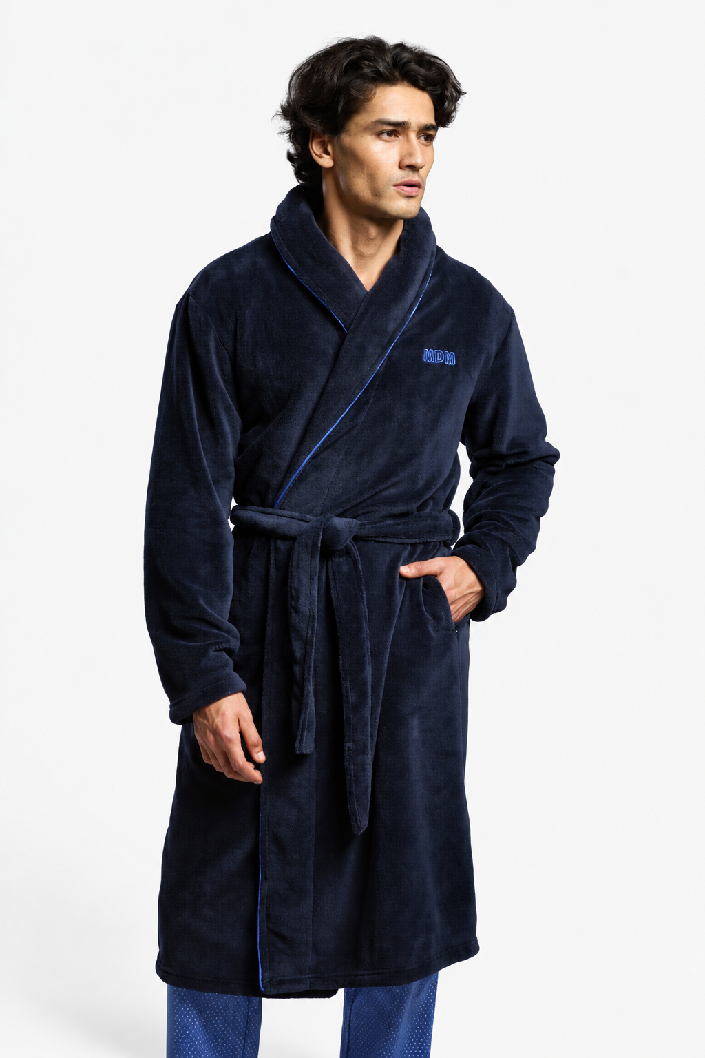 Men's long navy coral fleece robe with embroidered detail