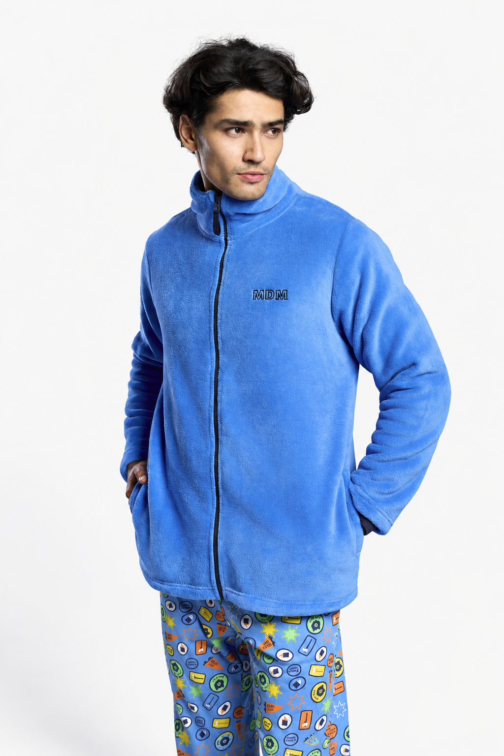 Men's short blue coral fleece robe with embroidered detail