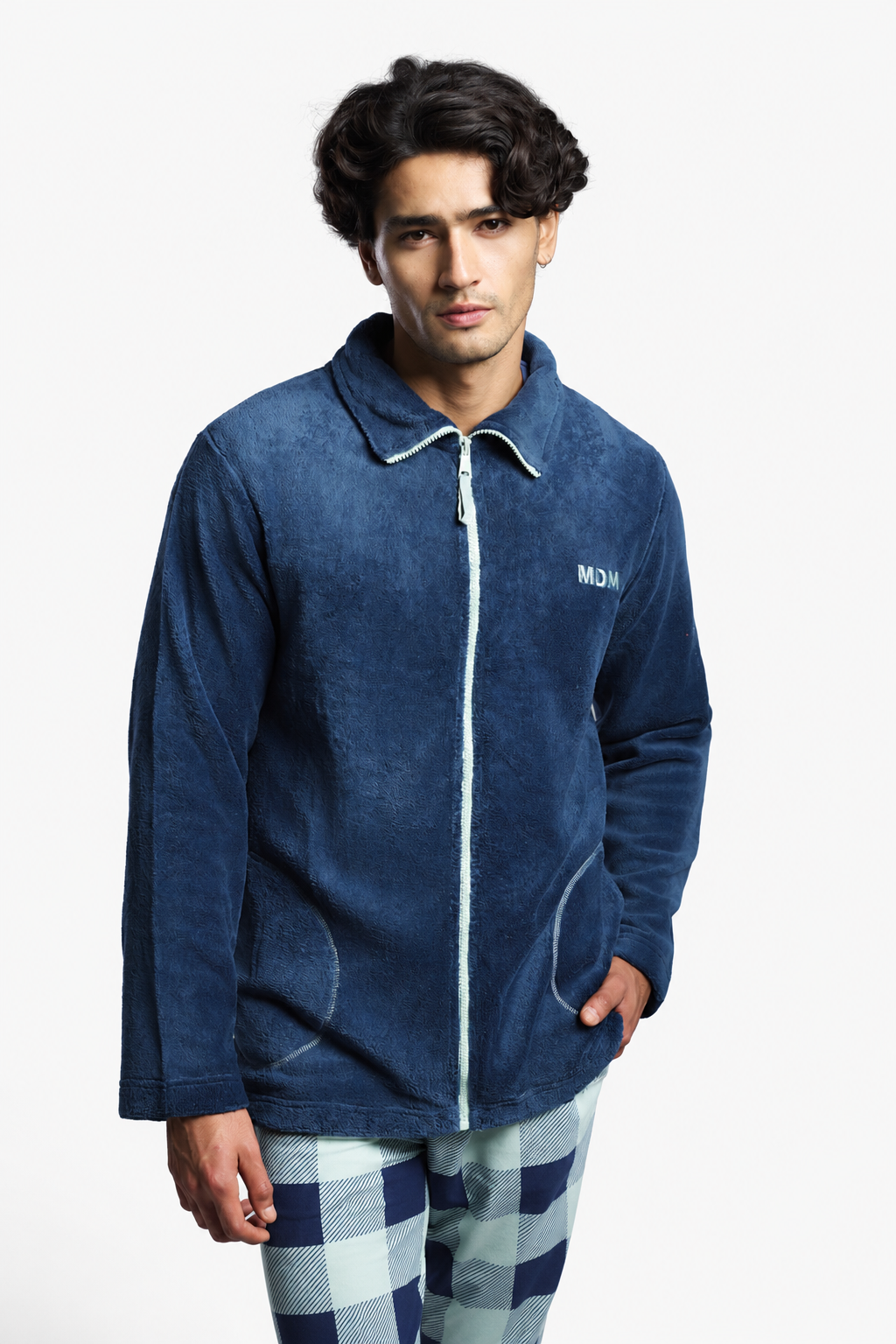 Men's short navy coral fleece robe with contrast zip