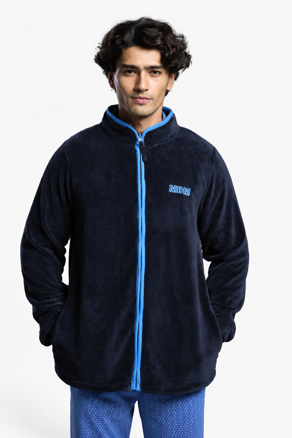Men's short navy coral fleece robe with embroidered detail