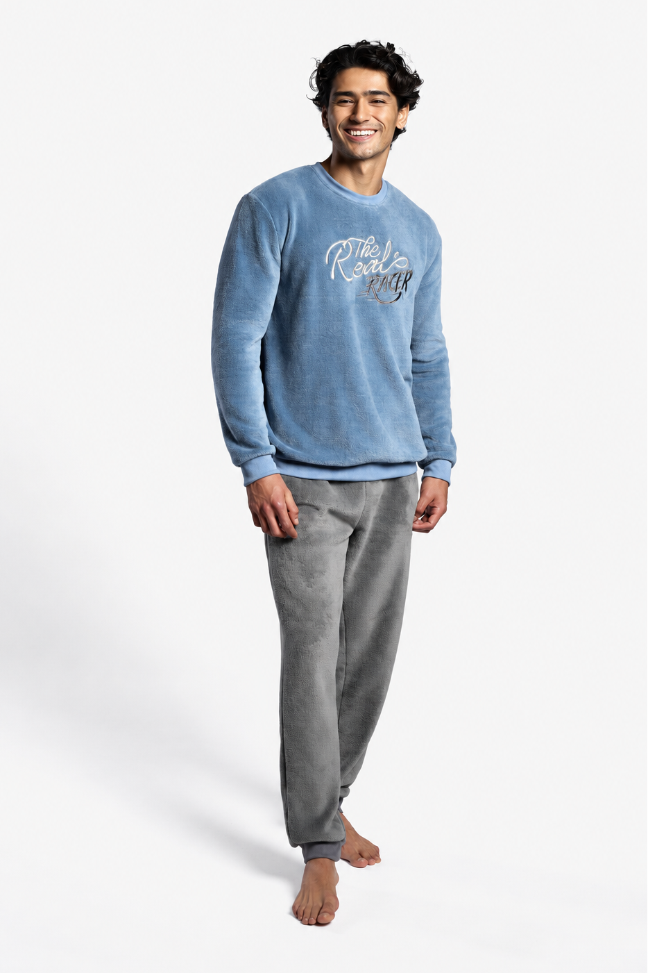 Men's long blue and grey coral fleece The Real Racer pyjamas