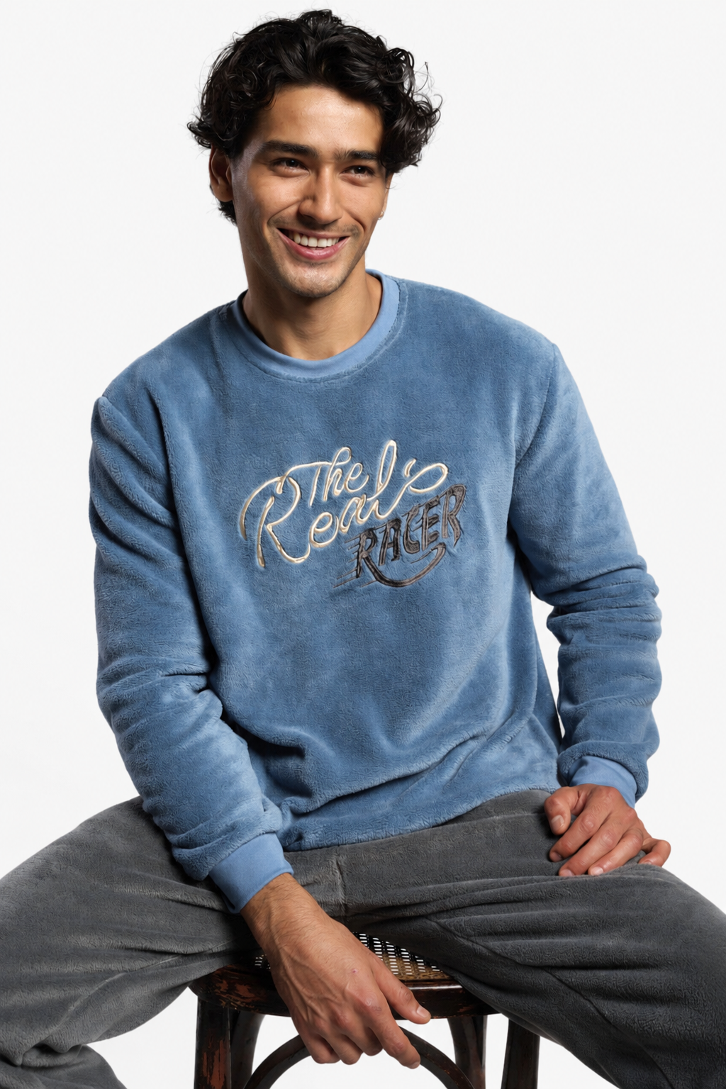 Men's long blue and grey coral fleece The Real Racer pyjamas