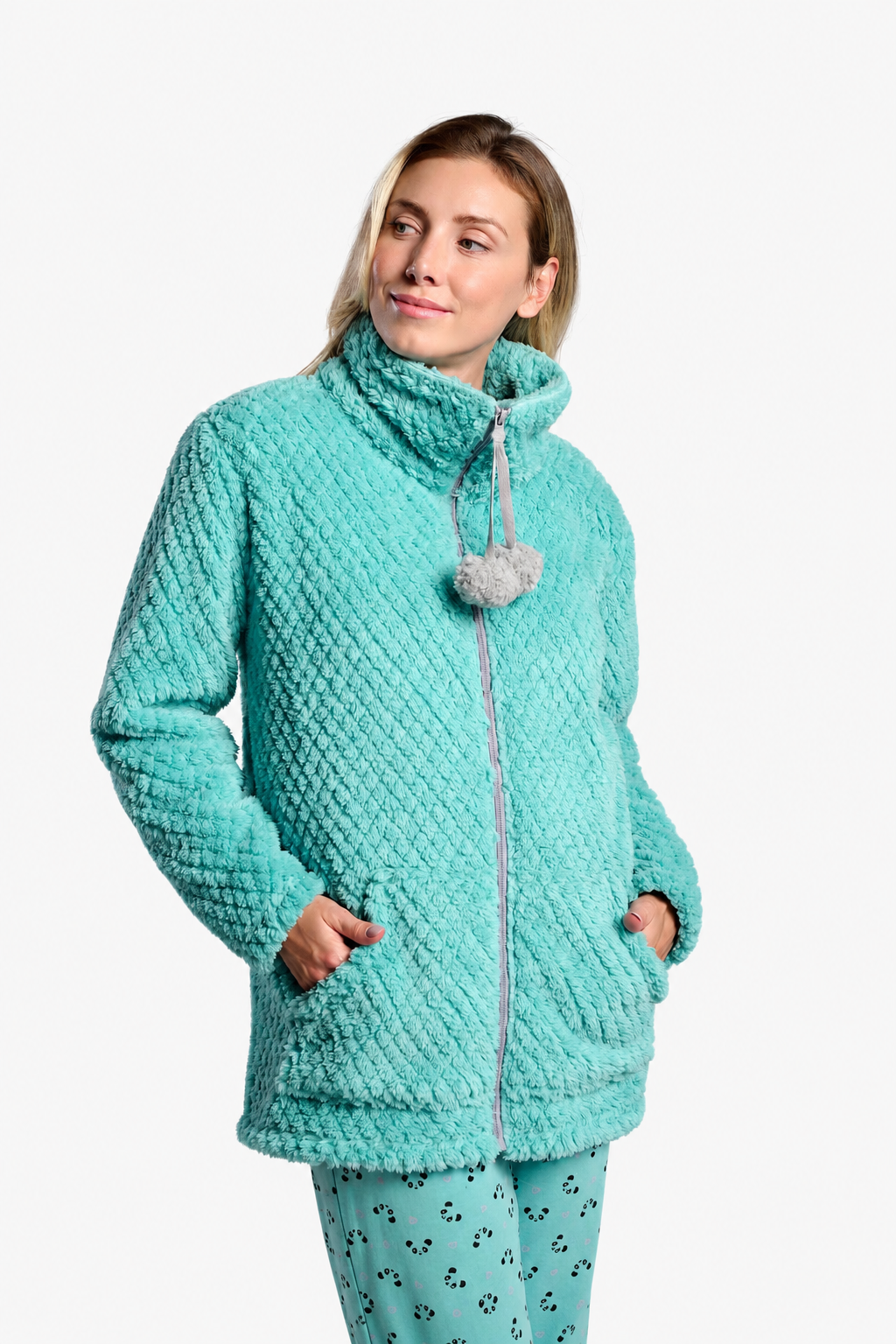 Women's short green sherpa fleece robe with pompom detail