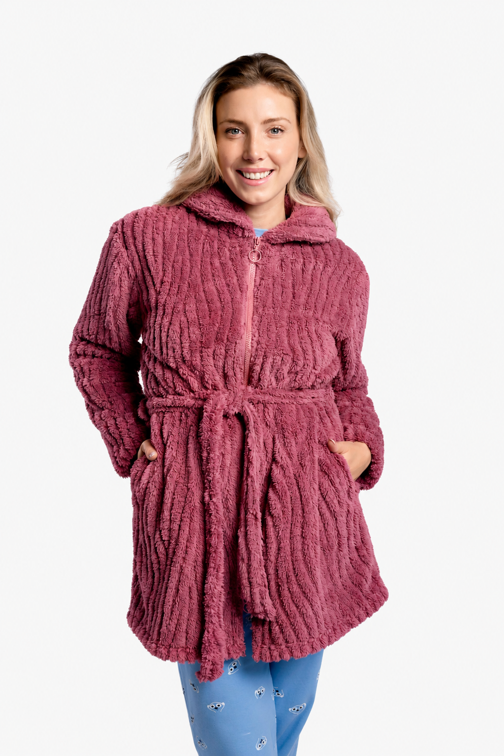 Women's burgundy textured midi sherpa fleece robe