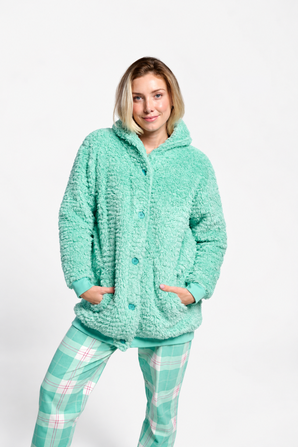 Women's short green sherpa fleece robe with buttons