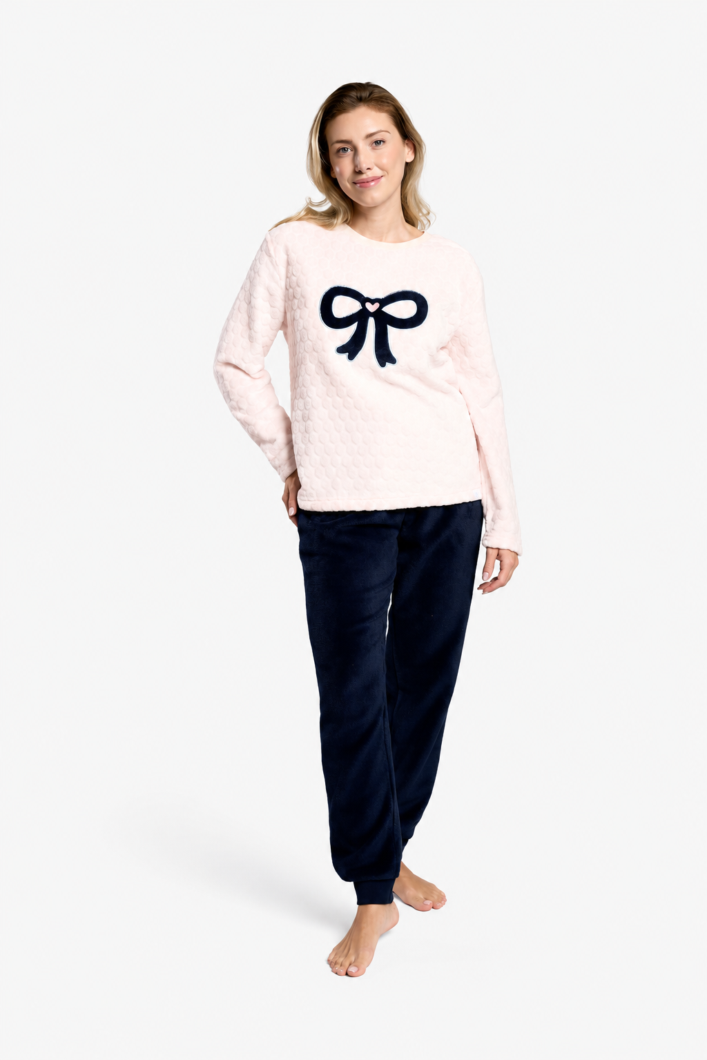 Women's long coral fleece bow-detail pyjamas