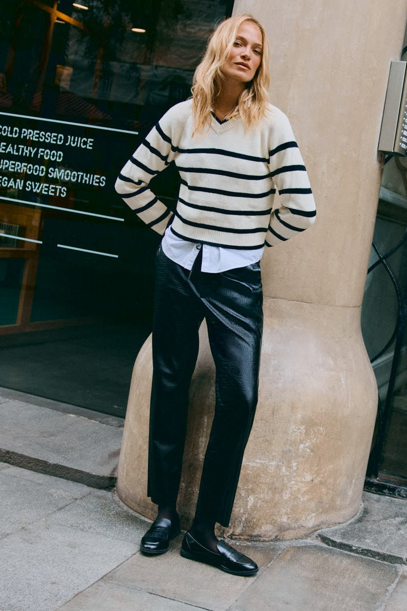 Black high-rise faux-leather trousers